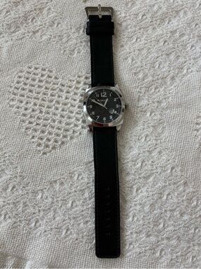Longhill Black Dial Silver Case Watch with Black Leather Strap